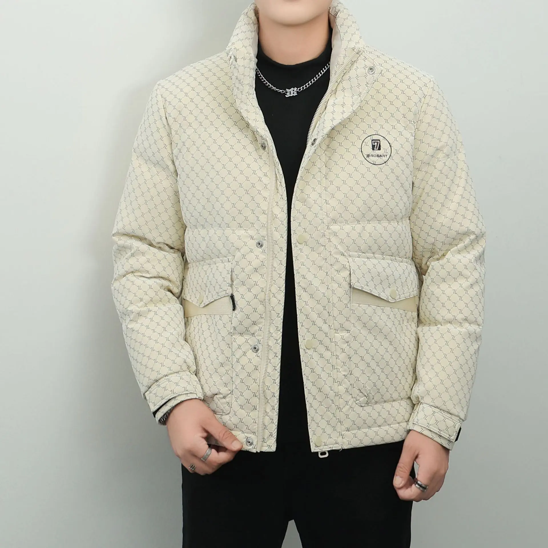 Hip Hop Men PU Leather White Duck Down Jackets Fall Winter Full Print Puffer Down Coats Male Cold Proof Warm Down Parkas Outwear