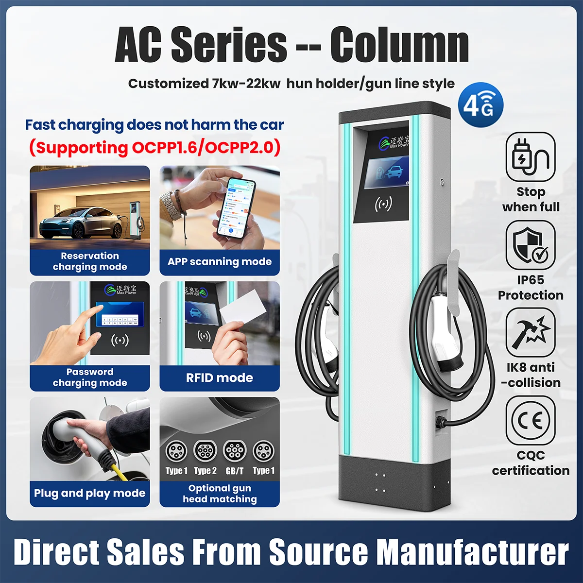 OEM ODM Floor Mounted Commercial OCPP2.0 EV Charger CCS Type 2 Fast 11kW AC EV Car Charging Pile