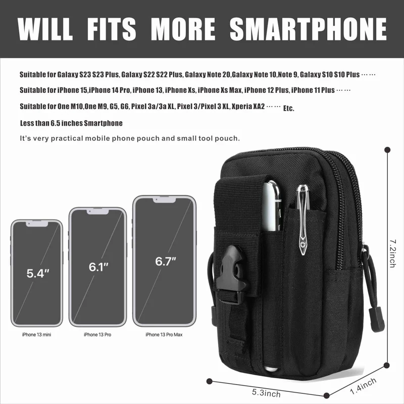 1PC Tactical EDC Molle Waist Pouch with Carabiner Heavy Duty Belt Phone Holster for Smartphone Outdoor Utility Tool Bag