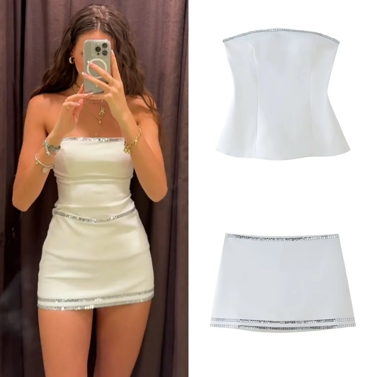 PB&ZA 2024 New Women\'s Jewelry Decoration Bra Sleeveless Short Top High Waist Wrap Hip Mini Short Skirt