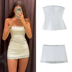 PB&ZA 2024 New Women's Jewelry Decoration Bra Sleeveless Short Top High Waist Wrap Hip Mini Short Skirt