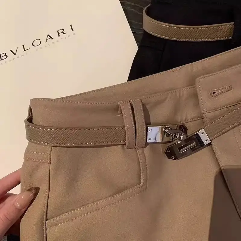 Pantalones cortos casuales de color caqui para mujer, pantalones cortos elásticos ajustados de cintura alta