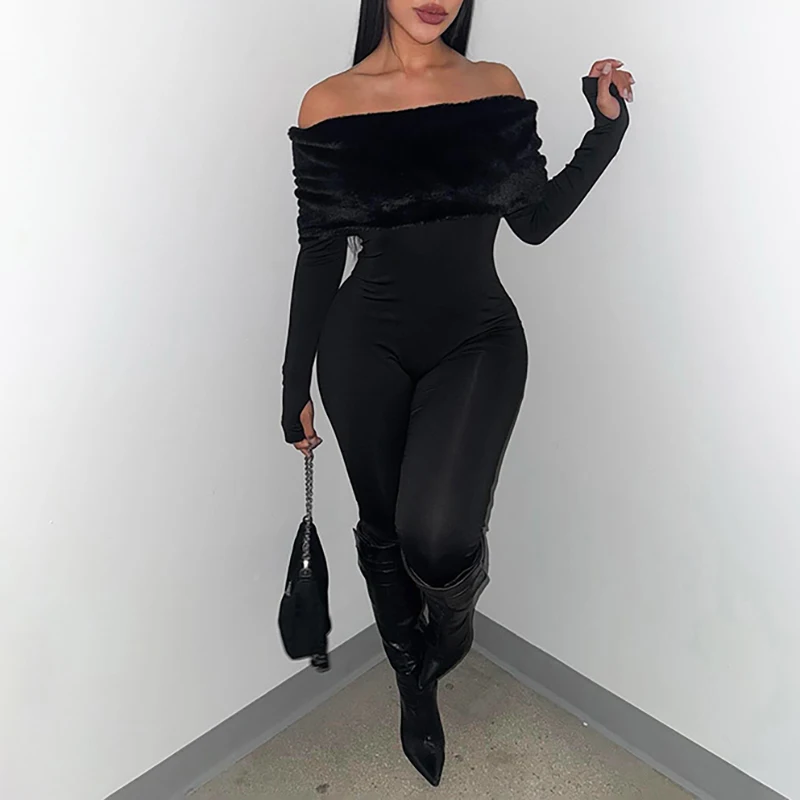 

Autumn Winter Stylish Fur Slash Collar Jumpsuits Leisure Lady High Waist Skinny Solid Playsuits Temperament Luxury Party Rompers
