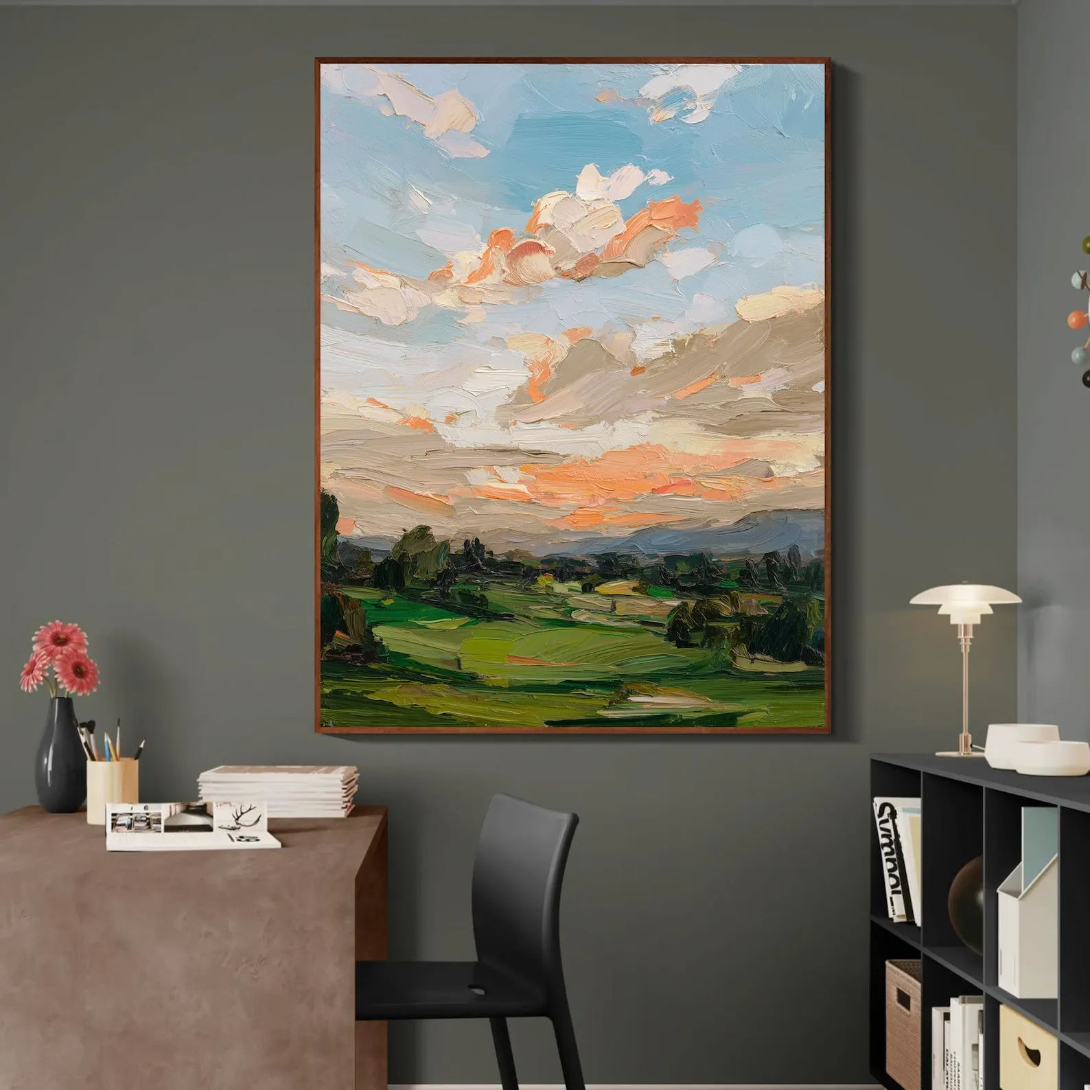 Mhemyo Original Sunset Landscape Hand Painted Oil Painting Large Textured Impressionist Wall Art Warm Sky for Neutral Home Decor
