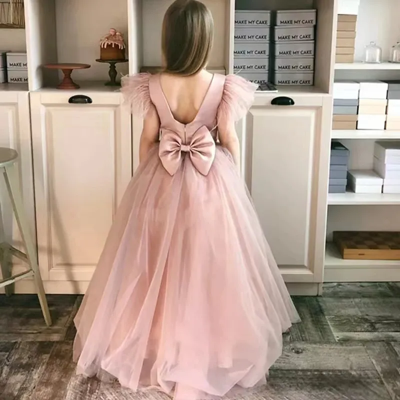 Bow 3d Flower Appliques Puffy Tulle Girl Dress Cotton Lining Baby Princess Birthday Party Gown First Communion  Christening