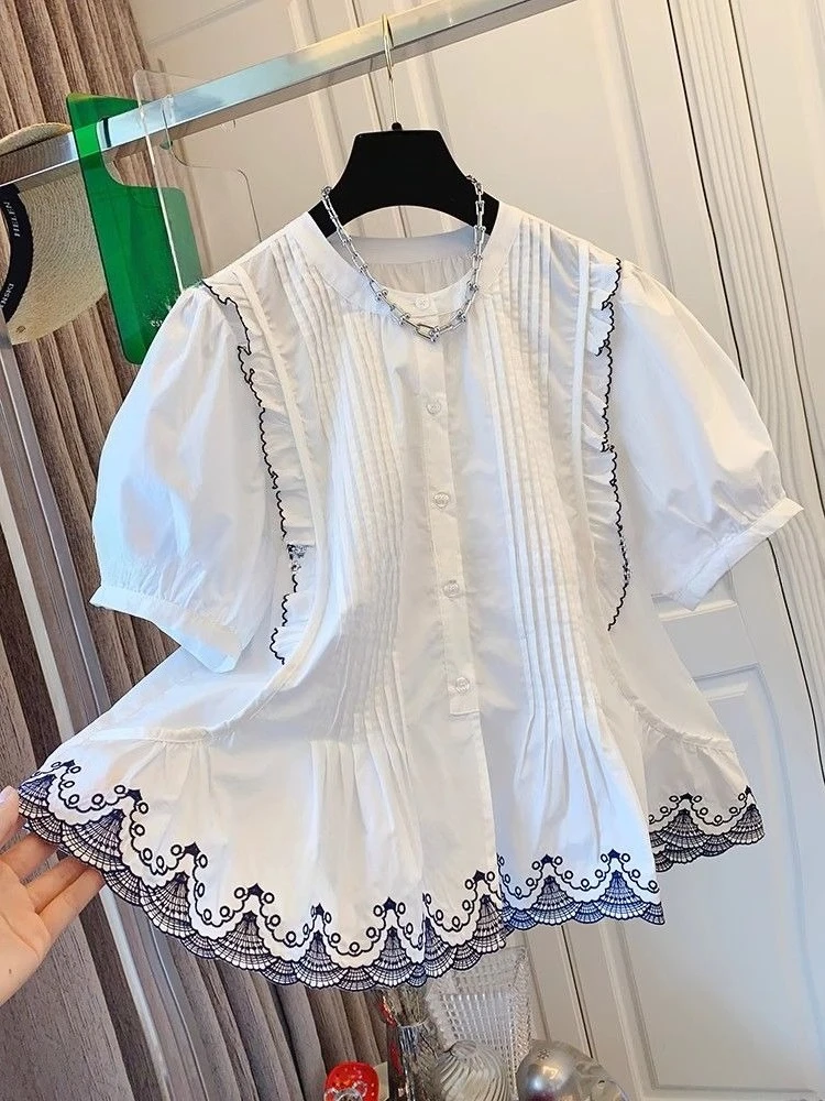 

French Elegant Blouses Puff Sleeve Ruffles Patchwork Embroidery Pleated Shirts Summer All Match Casual Loose Women Clothing 2025