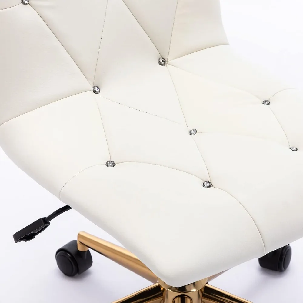 Contemporary White PU Leather Office Chair with Gold Base and Wheels