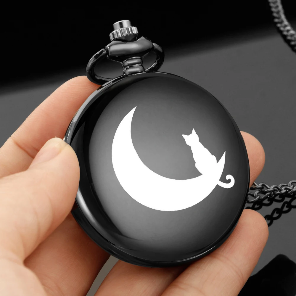 The cat sitting on the moon design carving english alphabet face pocket watch a chain Black quartz watch perfect gift