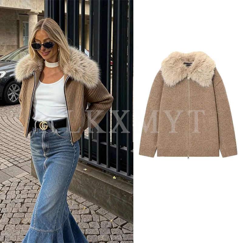 

Женские куртки, осень-зима 2024, новая мода, пальто с меховым воротником, куртка на молнии с длинными рукавами, женские уличные элегантные новые пальто