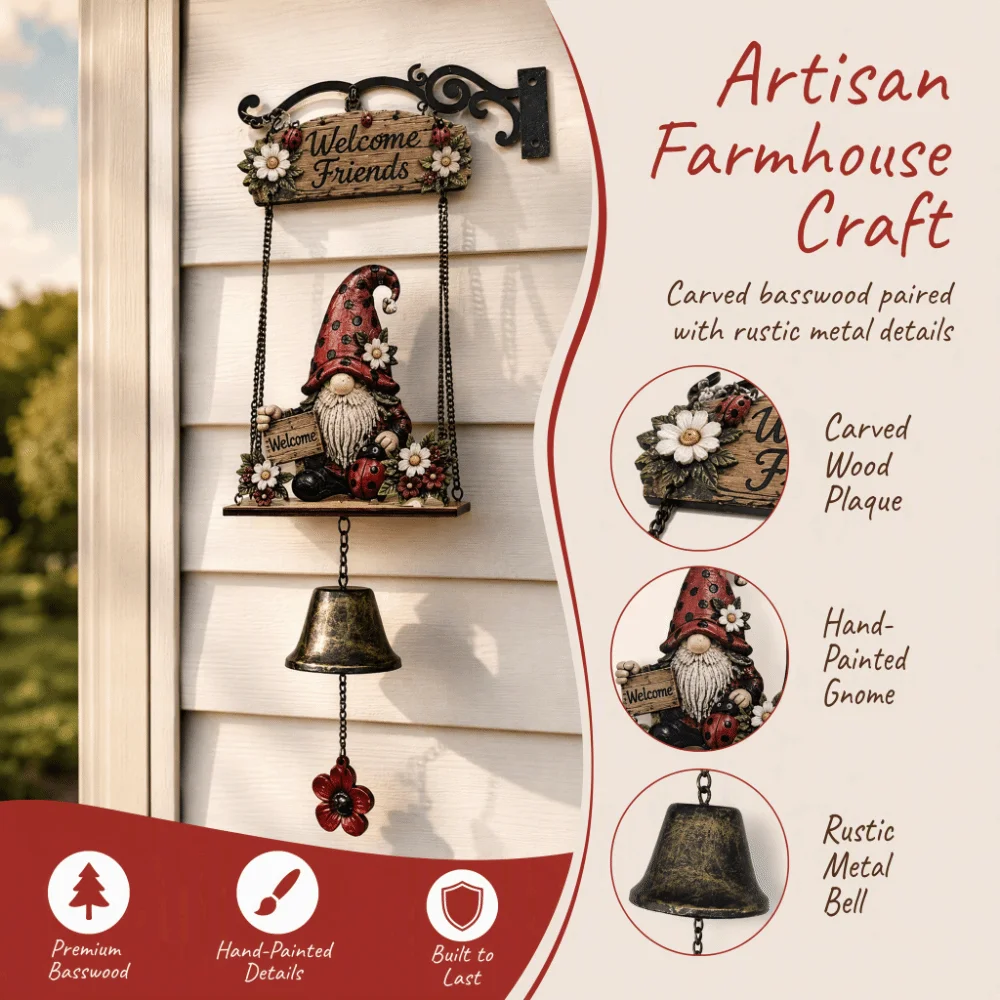 Metal Bell Gnome Welcome Sign 7.1x16.9in Integrated Gnome Doorbell Decor Rustic Finish Farmhouse Wall Decor For Front Porch