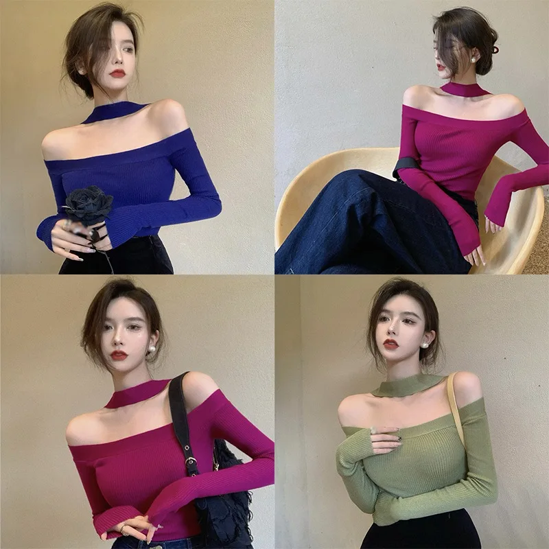 Women Thin Knit Sweater Sexy Long Sleeve Cold Shoulder Halter Ribbed Pullover Knitwear Crop Blouse One Size