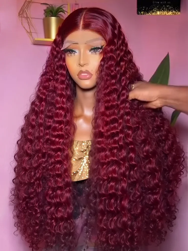 

Red Colored 13x6 Deep Wave 250 Density 99J Burgundy Human Hair Lace Frontal Wigs 30 40 Inch Curly Wig Brazilian For Women