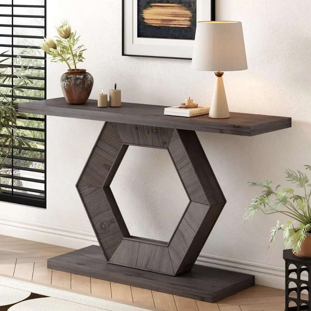 

55.1" Modern Entryway Table with Innovative Hollow Hexagon Leg Structure and Premium Fir Veneer Finish for Sophistication,Suitab