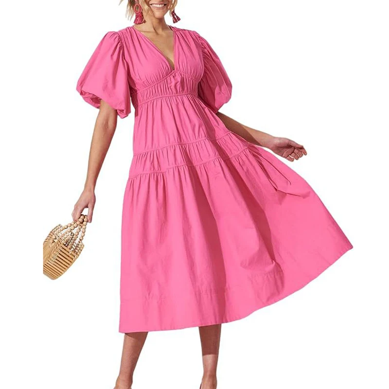 

2024 New Arrival Hot Selling Summer Women's Boho Floral Midi Dress Drawstring Beach Flowy Dresses Ladies Clothes Fashion Dresses