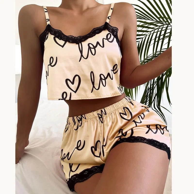 2pcs/set Pajama Suit for Women Sexy Cute V-Neck Lace Love Heart Printed Suspenders Tops Shorts Nighty Sleepwear Homewear Set