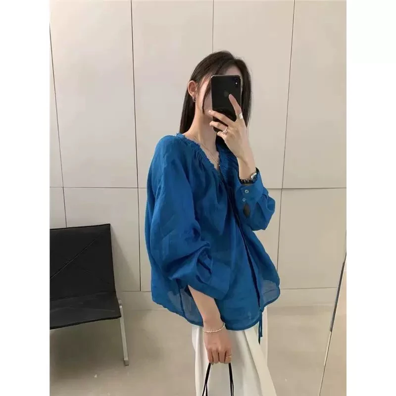 Recomendado 2025 primavera novo retro v-ne tissah seda dstring design longo sve feminino irt confortável solto commute sle