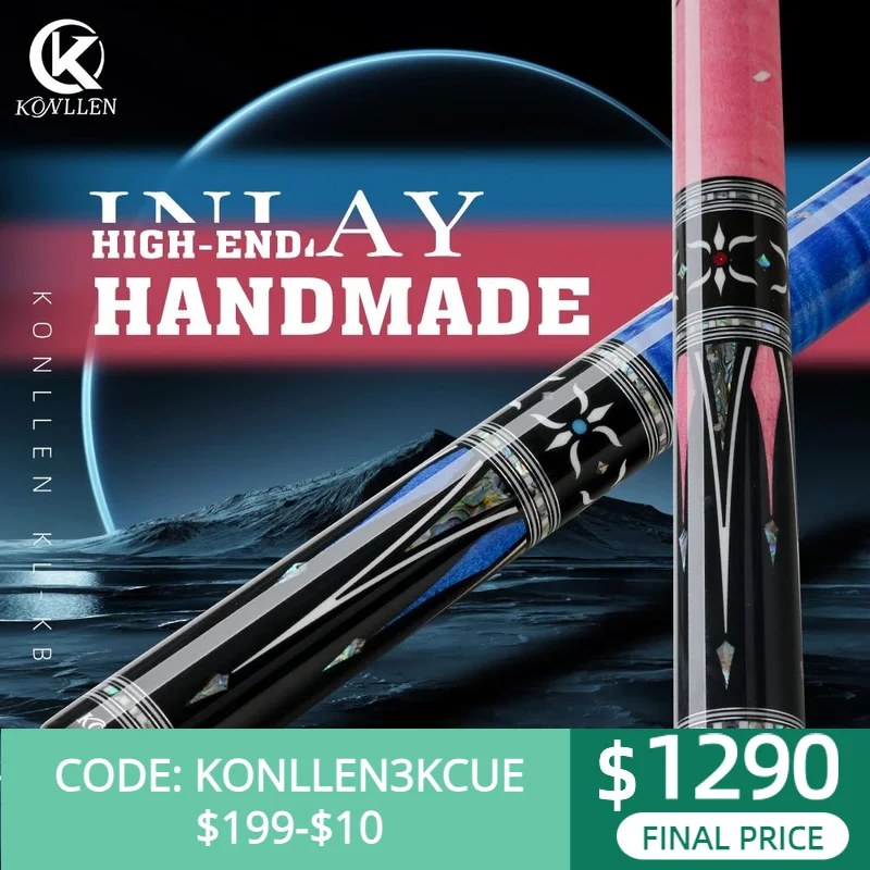 KONLLEN Butterfly Love Cues, KL-KB, 12.5mm Hardrock Maple Shaft Contains Carbon Tube Stick, Handmade Inlay Production Billiard