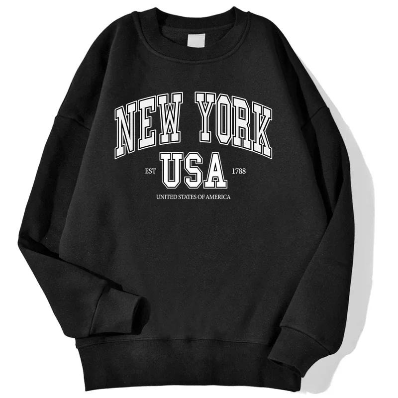 

New York Usa Est 1788 Street City Letter Printing Men'S Sweatshirts Casual Hoody Crewneck Pullover Loose Warm Streetwear