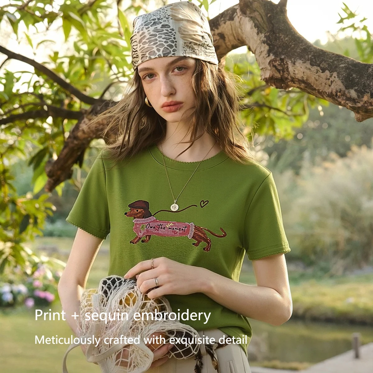 OLrain Scalloped Crew Neck Top Women 2026 Summer Fashion Casual Animal Print Short Sleeve Cotton Daily Basic T-shirt O58XT006135