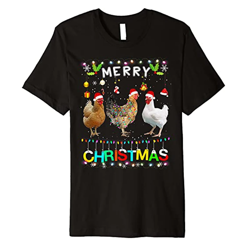 Merry Christmas Chicken Clothes Santa Hat Lights Xmas Costume Funny Premium T-Shirt Gardening Y2k Clothes Holiday Aesthetic Tee