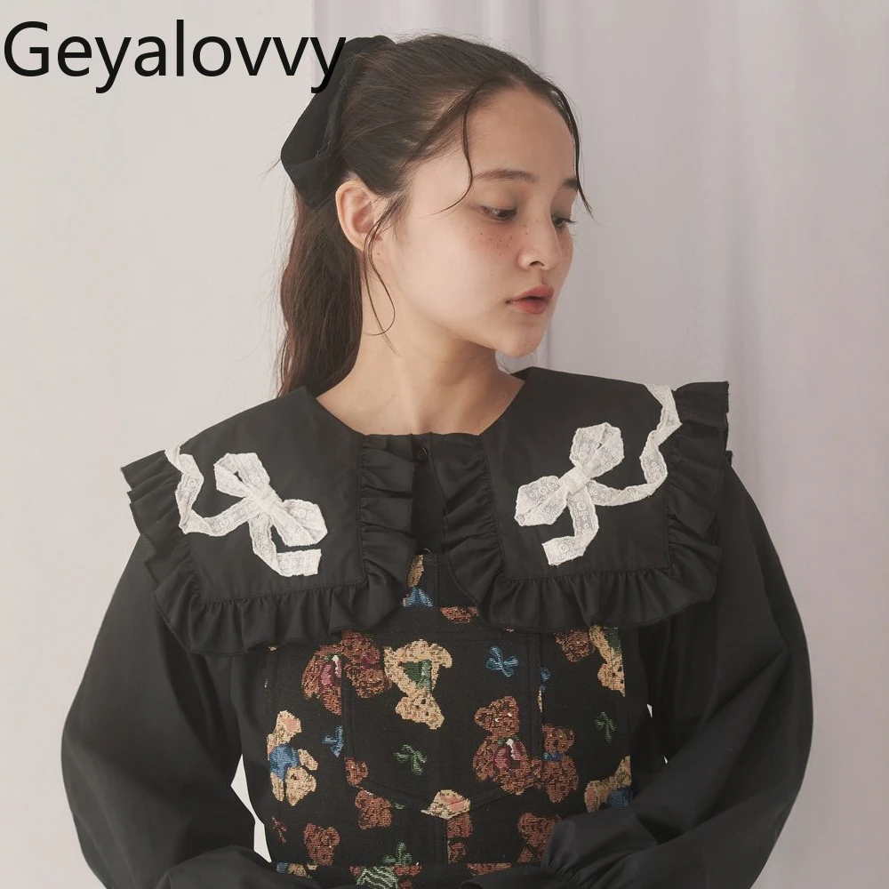 

Japanese Style Sweet Long Sleeve tops for women Three-Dimensional casual shirt Bow Decoration Ruffled Collar Women's Blouse