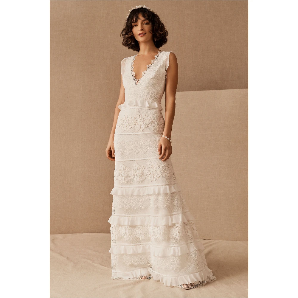 

ESBRIDE Elegant White Wedding Dress V-Neck Wedding Dresses Lace Applique A-Line Civil Bride Gowns Vestidos De Novia Customized