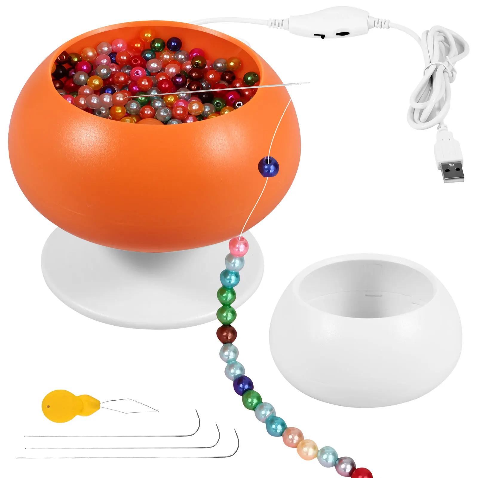 Electric Bead Spinner USB Adjustable Speed Rotary Bead Loader with 3 Big Eye Pin Automatic Bead Bowl Rotator for Jewelry Making