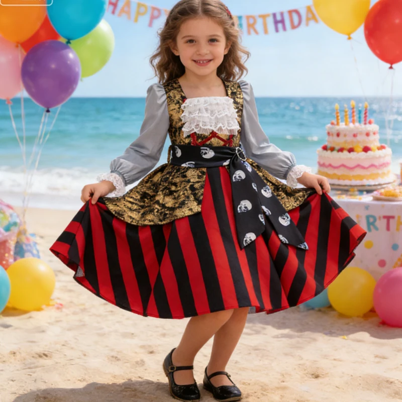 Girls Pirate Costume Ocean Adventure Cosplay Halloween Costume Kids Disguised Pirate Princess Role Play Carnival Party Dress