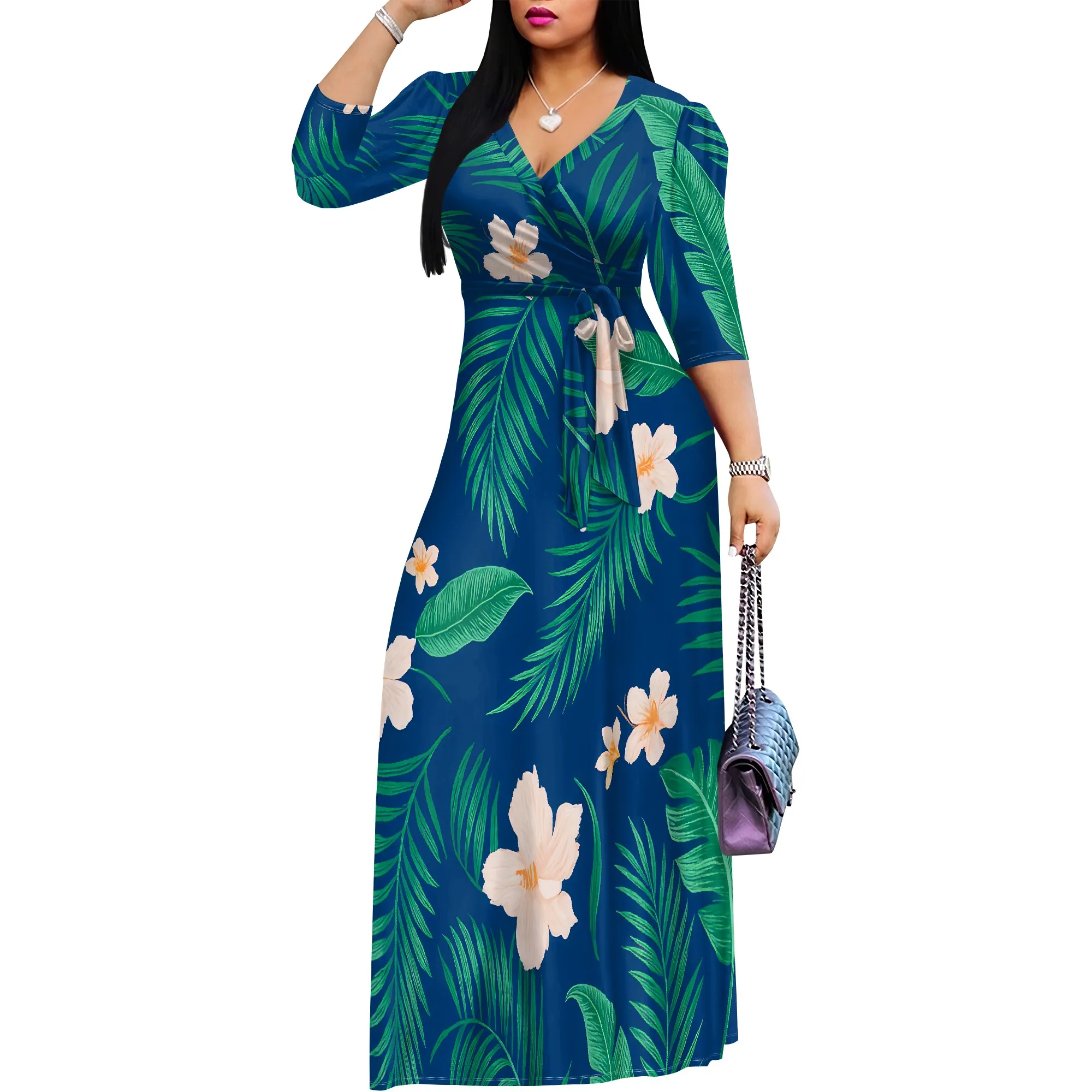 ผู้หญิง V คอ Maxi ชุด Ruffles 3/4 Sleeve ชุดเดรสดอกไม้งานแต่งงาน Sundress กับเข็มขัด