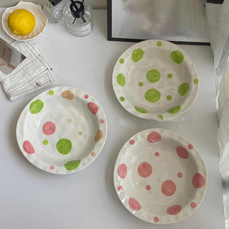 Ceramic Underglaze Breakfast Plate Household Polka Dot Fruit Dessert Dish Western Spaghetti Tray Tableware