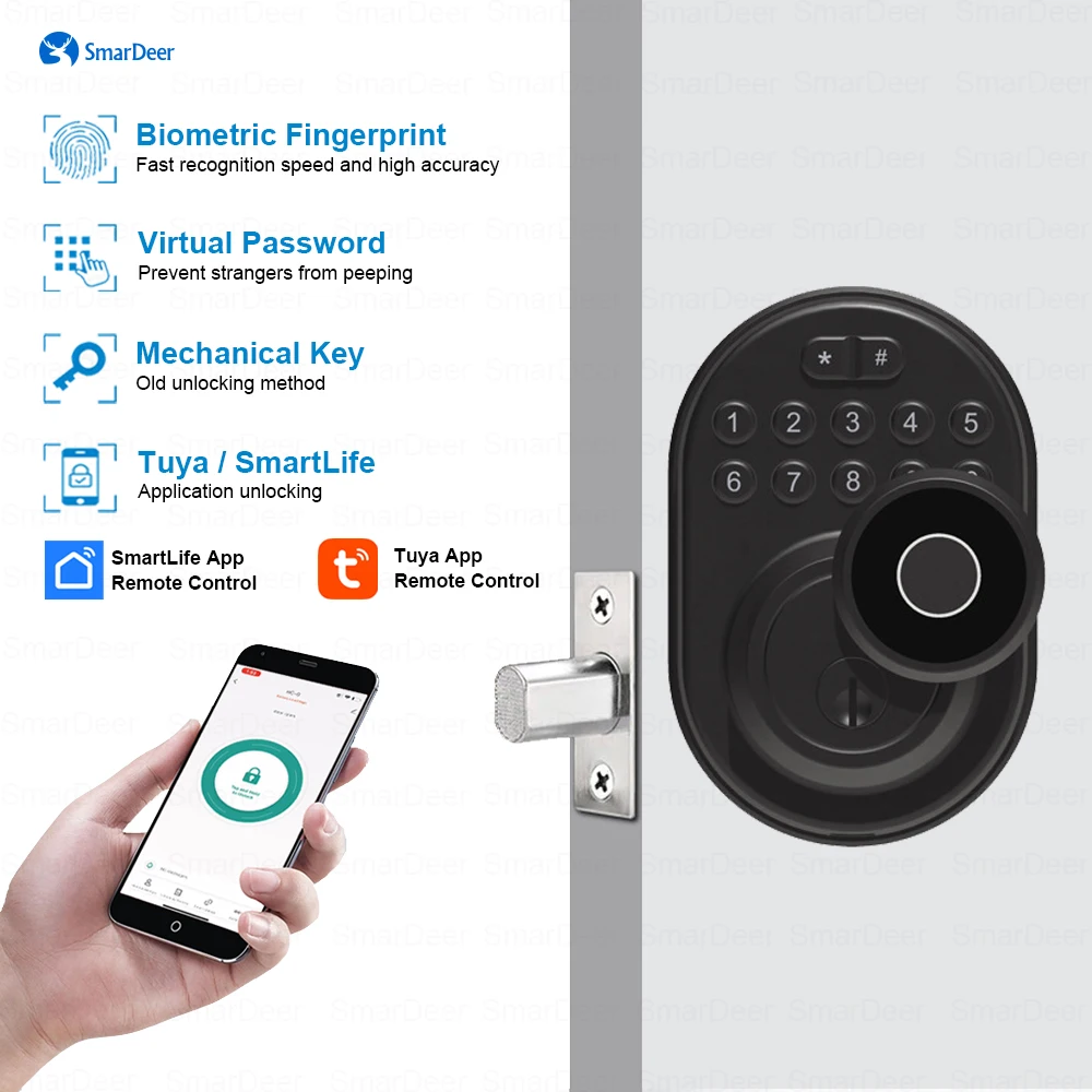 SmarDeer 4-in1 Electronic Lock for Tuya Smart Lock with Deadbolt  Fingerprint Lock Keyless entry with SmartLife App Remote unloc