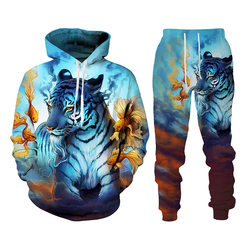 Fashion Animal Tiger 3D Printed Men\'s Tracksuit Set Casual Hoodie And Pants 2pcs Sets Autumn Winter Streetwear Man Clothing Suit