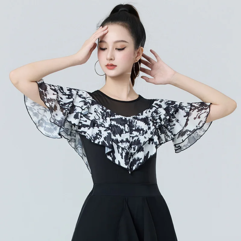 2025 Summer New Female Adult Latin Dance Top Mesh Printing Medium Sleeve Crew Neck Dance Practice Clothes