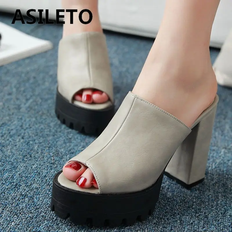 

ASILETO Brand Female Sandals Peep Toe Chunky High Heels 11cm Platform Hill 4cm Flock Suede Slip On Mules Big Size 41 42 43 32