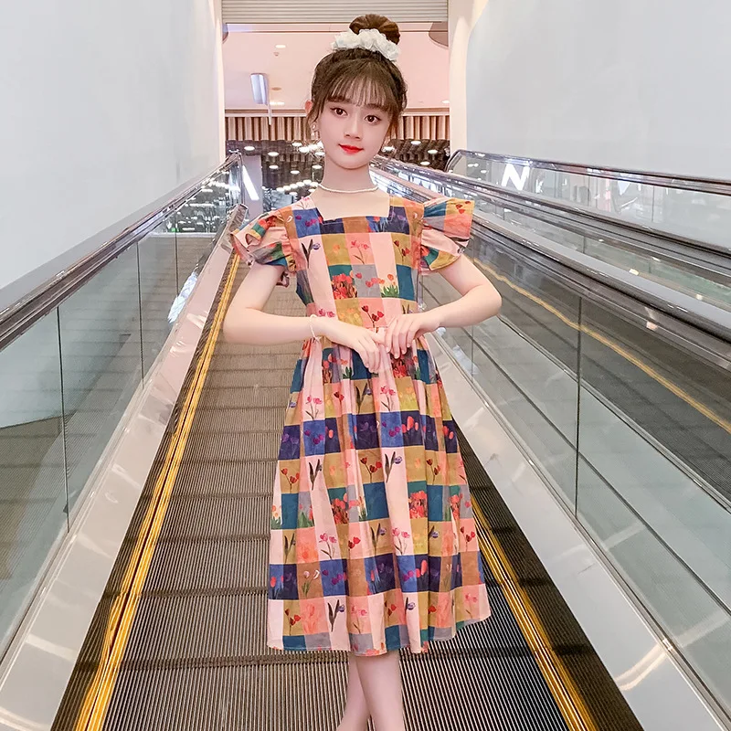

2025 Korea Summer Teenage Girl Dress Plaid Floral Elementary School Student Girl Short Sleeve Dress 3-16 Years Junior Girl Dress