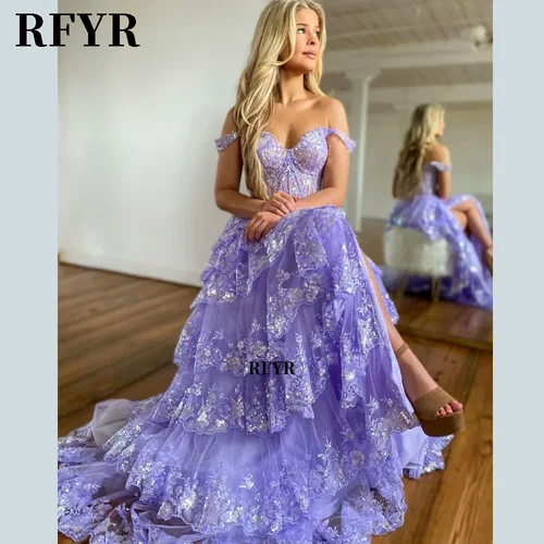 Imagen 2 del producto RFYR vestido de noche hinchado con hombros descubiertos, vestidos de fiesta con escote en forma de corazón, vestido de fiesta en capas, apliques, vestido de noche para mujer personalizado