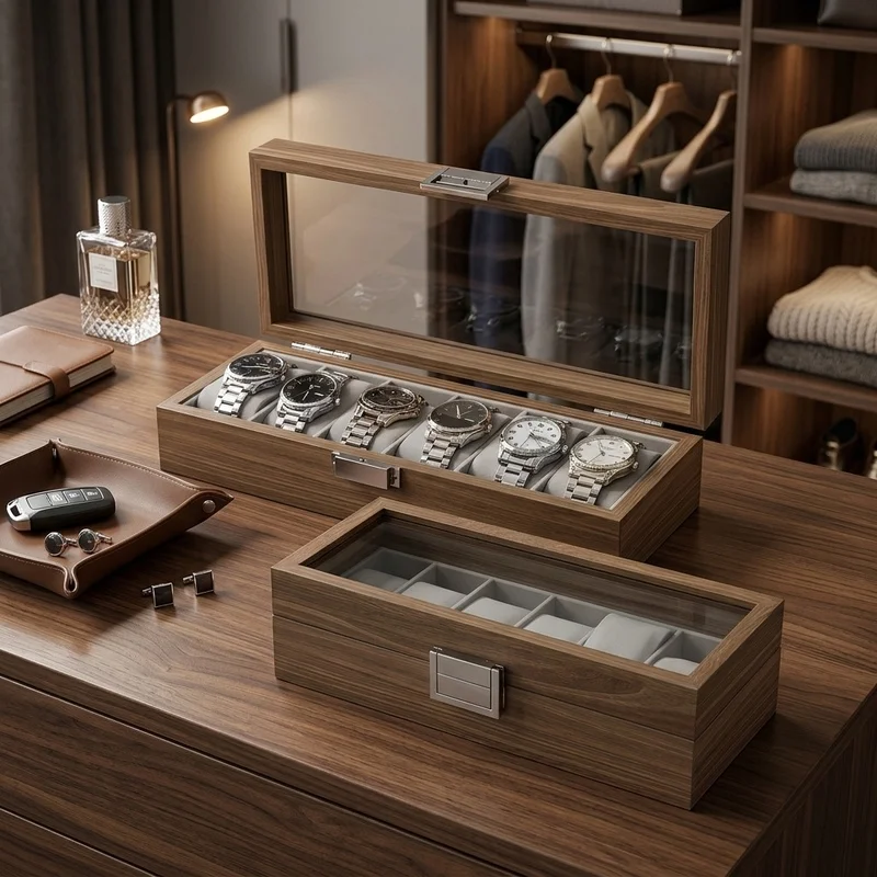 3/6/10/12 Slot Wooden Watch Box Black Walnut Grain Watch Storage Display Case with Cushioned Holder for Jewelry Collection