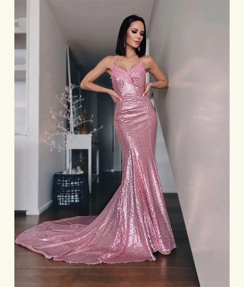 

Customized Luxury Sequined Appliques Mermaid Spaghetti Straps Evening Dress High Quality Sweetheart Sleeveless Party Gowns