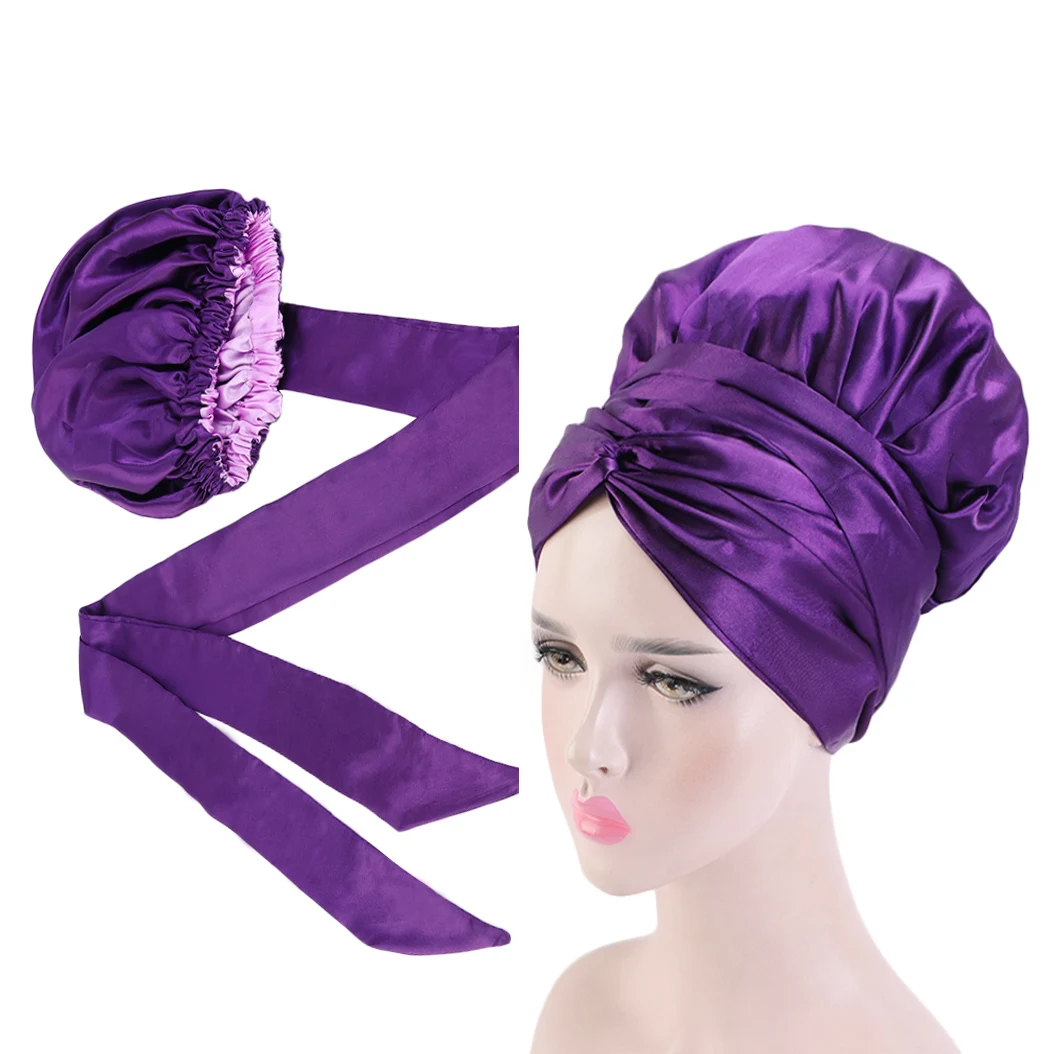 New Print Pattern Satin Bonnet With Long Ribbon Wrap Double Layer Headwrap Women Hair Cover Large Size Hair Wrap Cap Wholesales