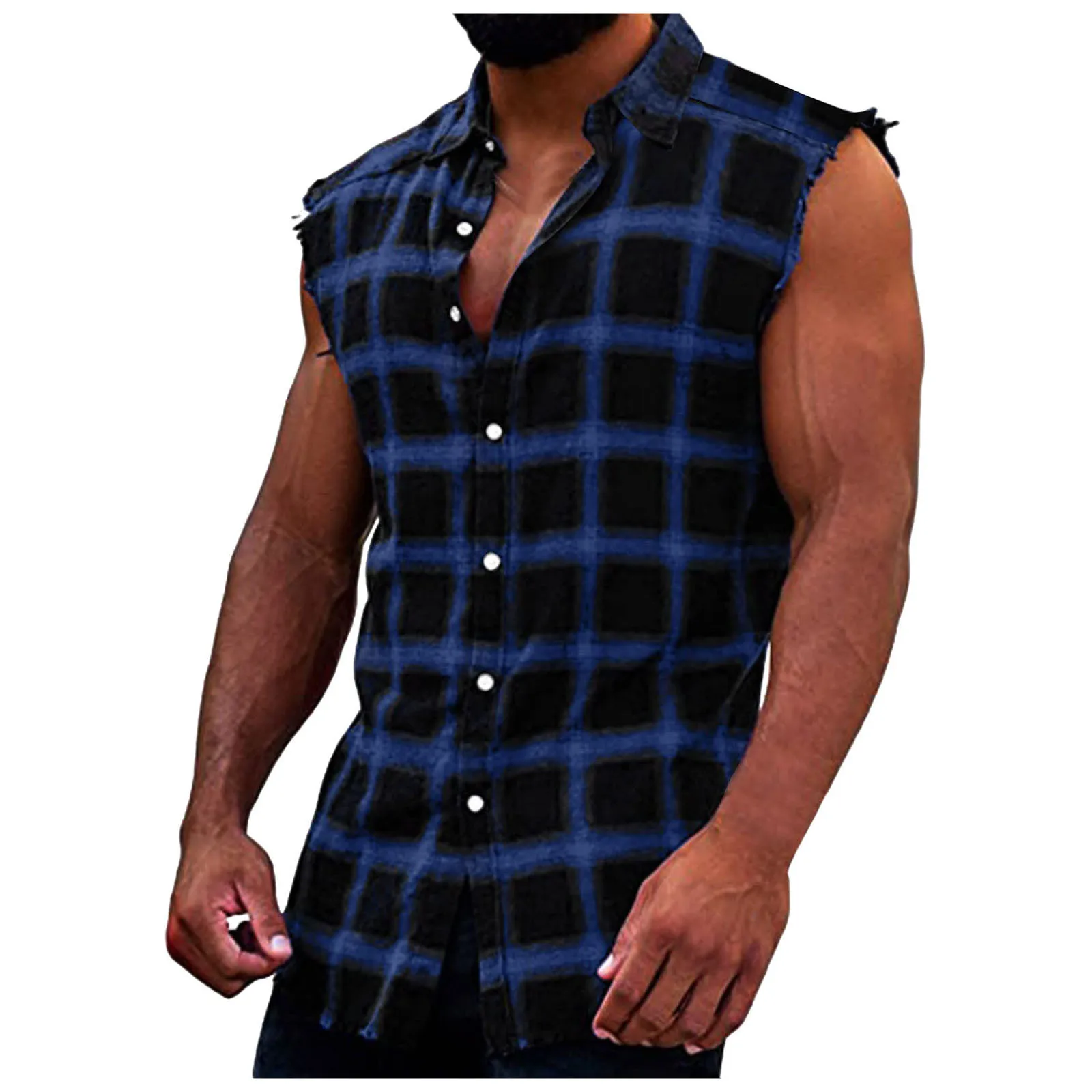 Mens Sleeveless Flannel Tank Tops Casual Loose Button Down Cowboy Plaid Snap Shirts Plus Size Vest Camiseta Masculina Playeras