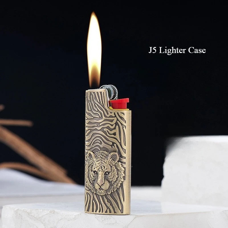 Bic Metal Embossed Tiger Lighter Case Disposable Bic BICJ5/J6 Refillable Lighter Protective Case (Lighter Not Included)