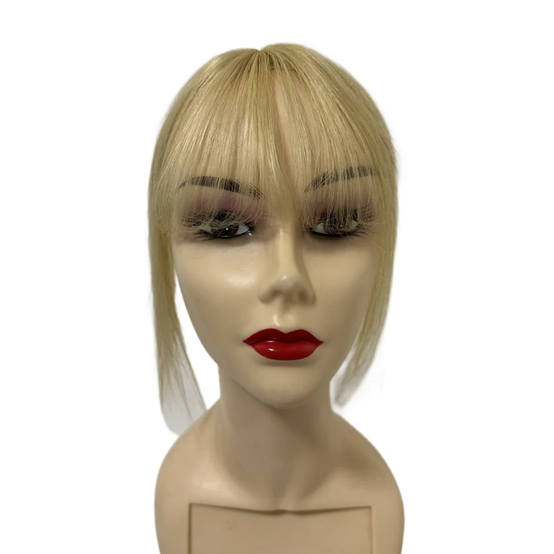 شعر بشري حقيقي للنساء، قاعدة صغيرة من الدانتيل السويسري قابلة للتنفس، قطع شعر أشقر، مشبك على شكل غرة وهمية في وصلات الشعر البشري