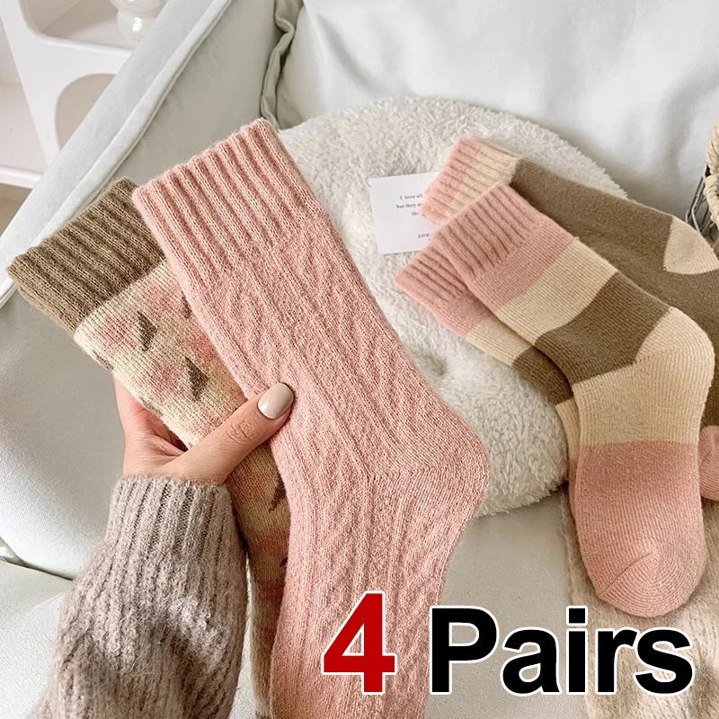 

4 Pairs Women Winter Thick Mid Tube Towel Socks Fashionable Stripes Warm Plush Soft Comfortable Home Outdoor Leisure Socks