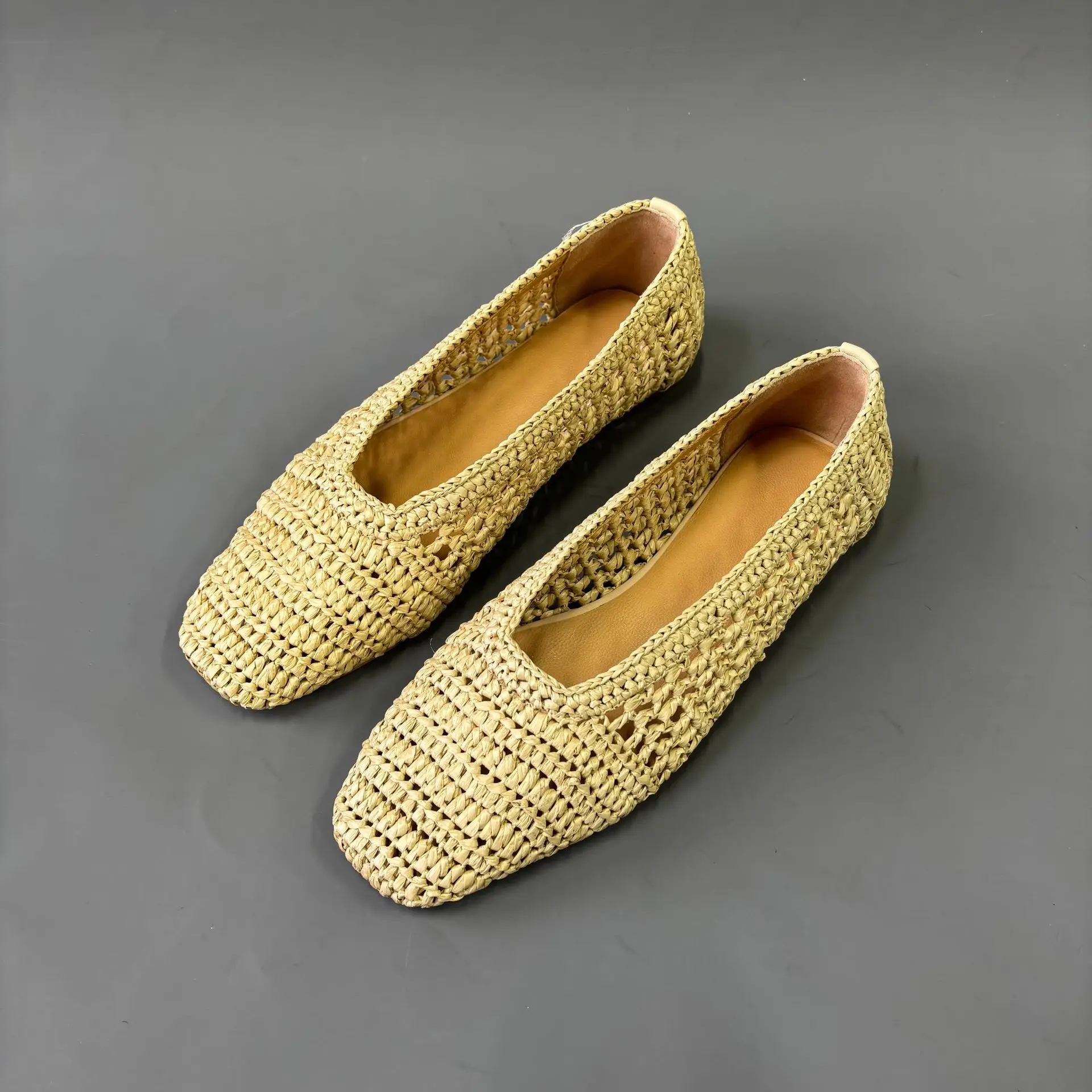 

Withered French Raffia Grass Weaving Hollow Comfortable Flat Bottom Mary Jane Shoes Sandals Breathable Handmade Shoes For Women