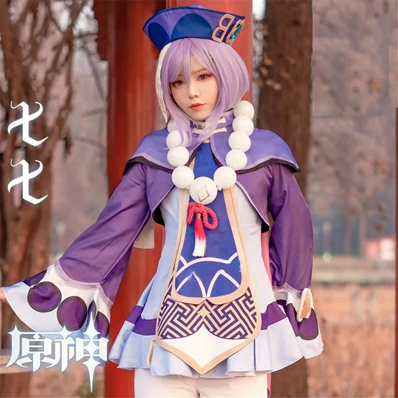 Juego Genshin Impact Project Qiqi Cosplay Zombie Girl Vestido Peluca Zapatos Sombrero Accesorios de anime Disfraz de Navidad de Halloween, 5;d'2.y;