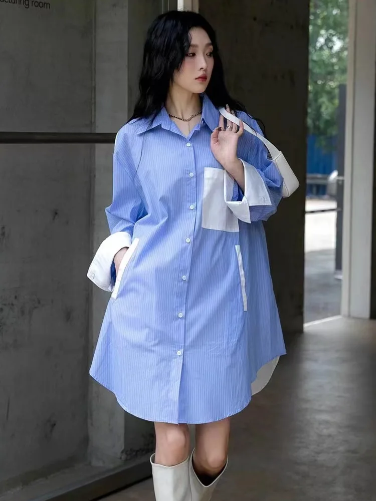 [EWQ] Contrast Colors Spliced Long Sleeve Striped Shirt Dress Single Breasted Thin Casual Women Dresses 2024 Autumn New 16O1850