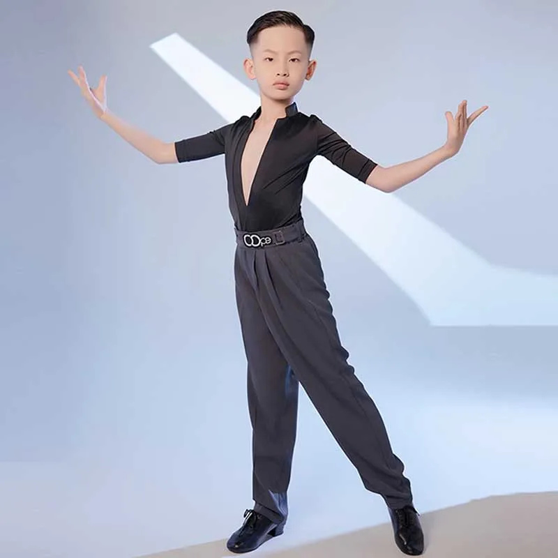 Latin Dance Costume Boys Ballroom Tango Samba Competition Suit Dancewear Performance Costume Summer Deep V-Neck Tops Pants MY351