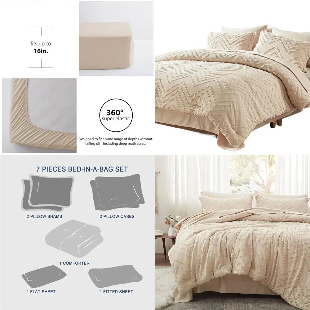 

Бежевый комплект одеял с тафтингом из 7 предметов, всесезонное постельное белье, включая простыни и наволочки.