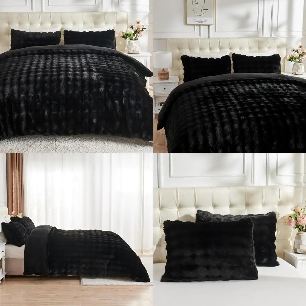 

Faux Fur Duvet Cover King Size - Rabbit Fluff Fuzzy Bedding Set, Plush Comforter Cover, 3-Piece Black Luxurious Soft Bedding