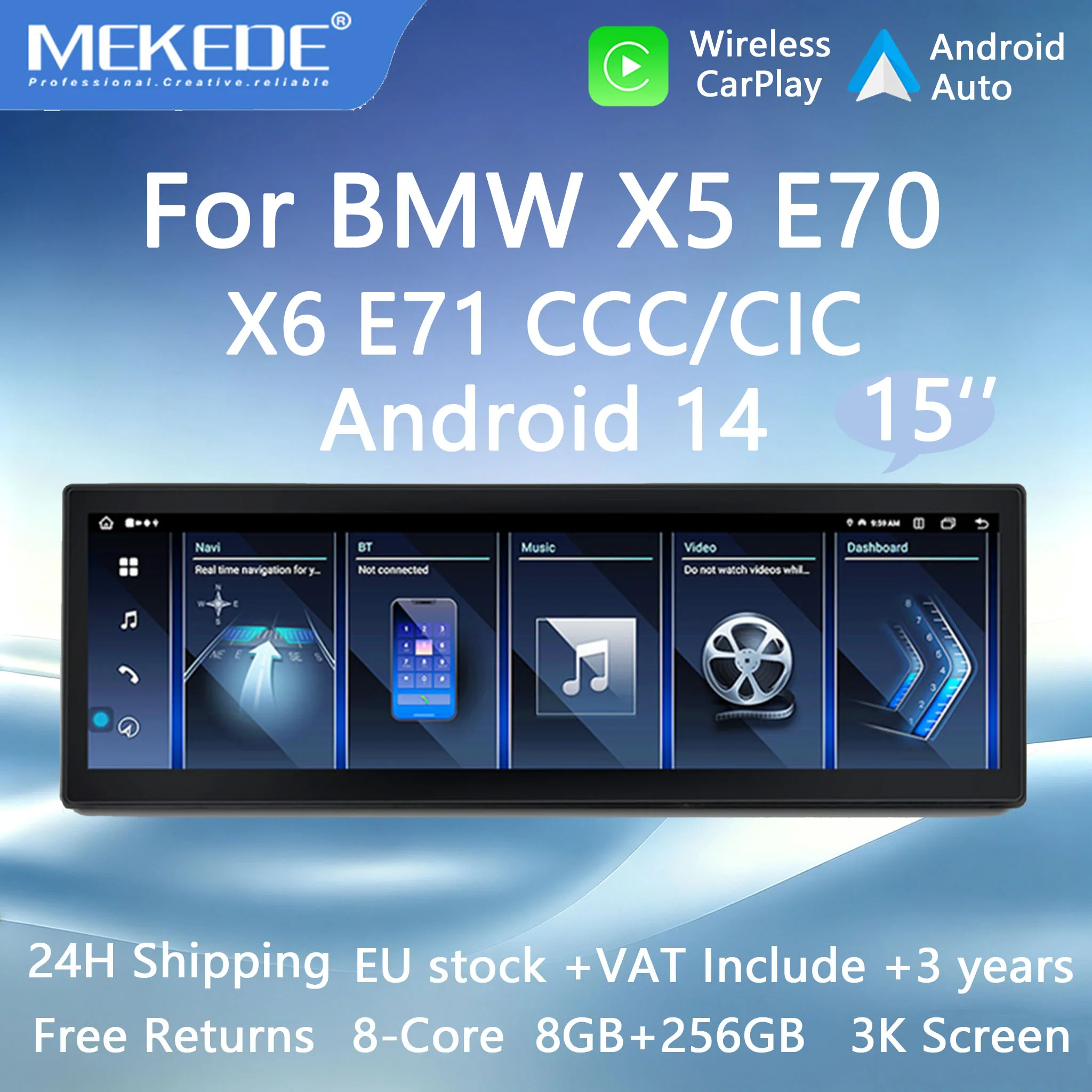 MEKEDE 15-calowy radio samochodowe z systemem Android 14, odtwarzacz GPS, 8 GB RAM + 256 GB pamięci, przeznaczony dla BMW X5 E70, X6 E71, CCC, CIC, ekran 3K, bezprzewodowy Carplay, procesor DSP,